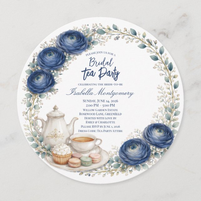Invitación Navy Blue Palette Tea Party Bridal Shower (Anverso)