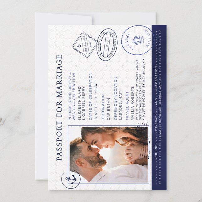 Invitación Navy Blue Passport Destination Wedding Cruise (Reverso)