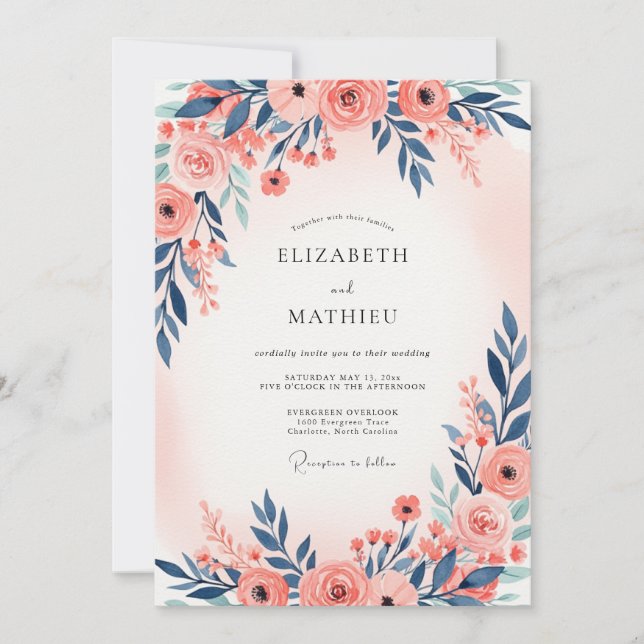 Invitación Navy Blue Peach Ethereal Spring Wedding (Anverso)