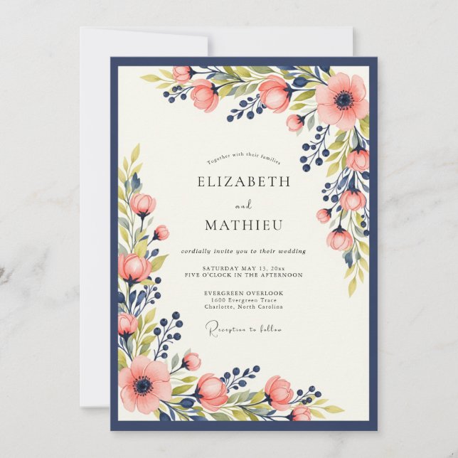 Invitación Navy Blue Peach Vibrant Spring Floral Wedding (Anverso)