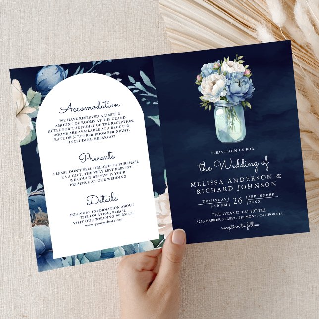 Invitación Navy Blue Peony Mason Jar QR Code Wedding (Subido por el creador)