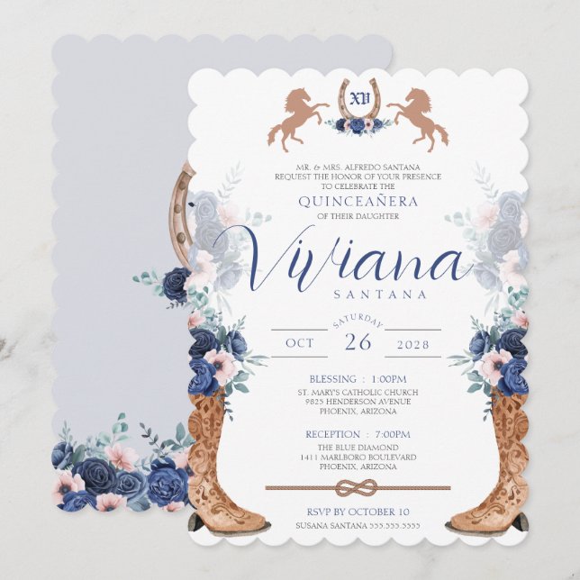 Invitación Navy Blue Pink Boots Occidente Boots Charro Quince (Anverso / Reverso)