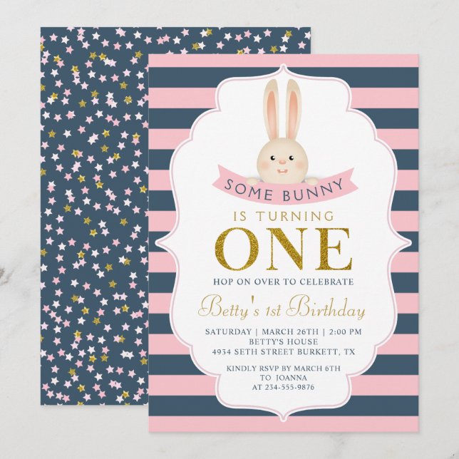 Invitación Navy Blue & Pink Gold Un conejito primer cumpleaño (Anverso / Reverso)