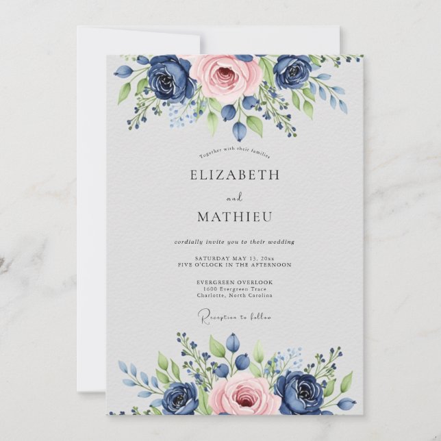 Invitación Navy Blue Pink Lavish Botanical Wedding (Anverso)