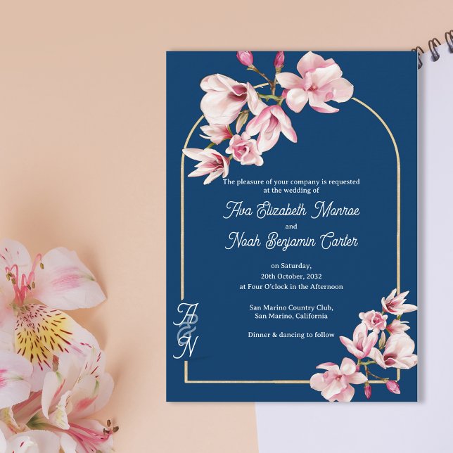 Invitación Navy Blue Pink Magnolia Elegant Floral Wedding (Navy Blue Pink Magnolia Elegant Floral Wedding Invitation)