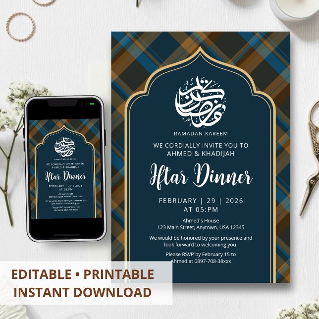 Invitación Navy Blue Plaid Frame Ramadan Iftar Invitation (Subido por el creador)