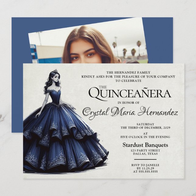 Invitación Navy Blue Quinceañera (Anverso / Reverso)
