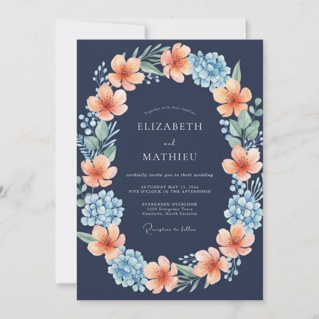 Invitación Navy Blue Radiant Blossom Wedding (Anverso)