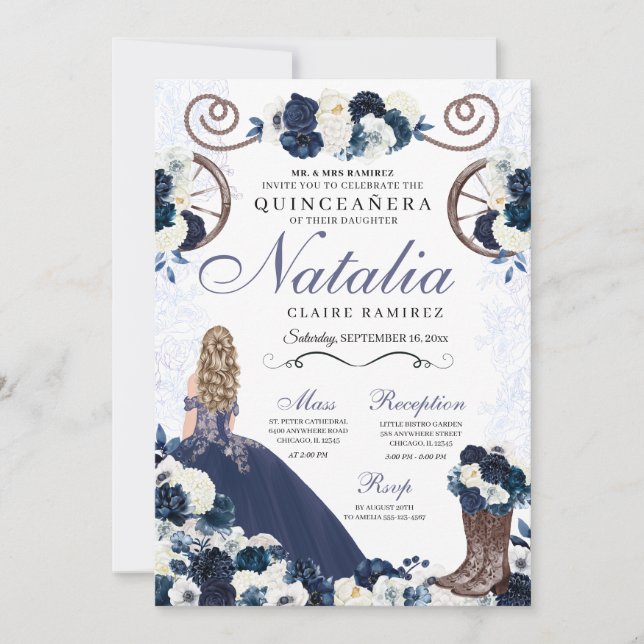 Invitación Navy Blue Ranchero Princess Vestido Quinceanera (Anverso)