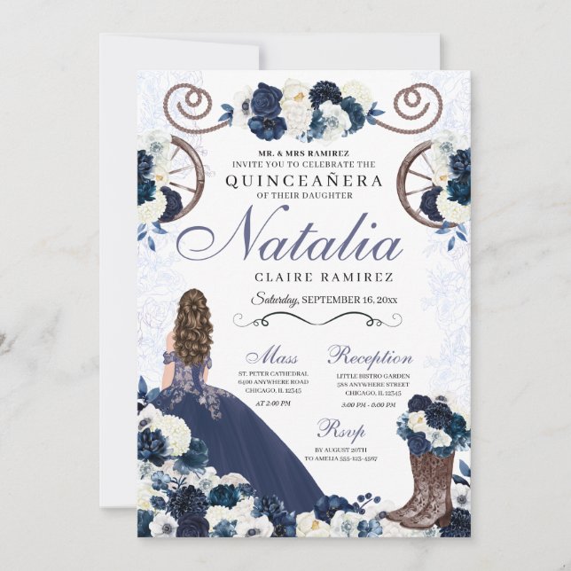 Invitación Navy Blue Ranchero Princess Vestido Quinceanera (Anverso)