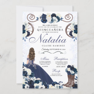 Invitación Navy Blue Ranchero Princess Vestido Quinceanera