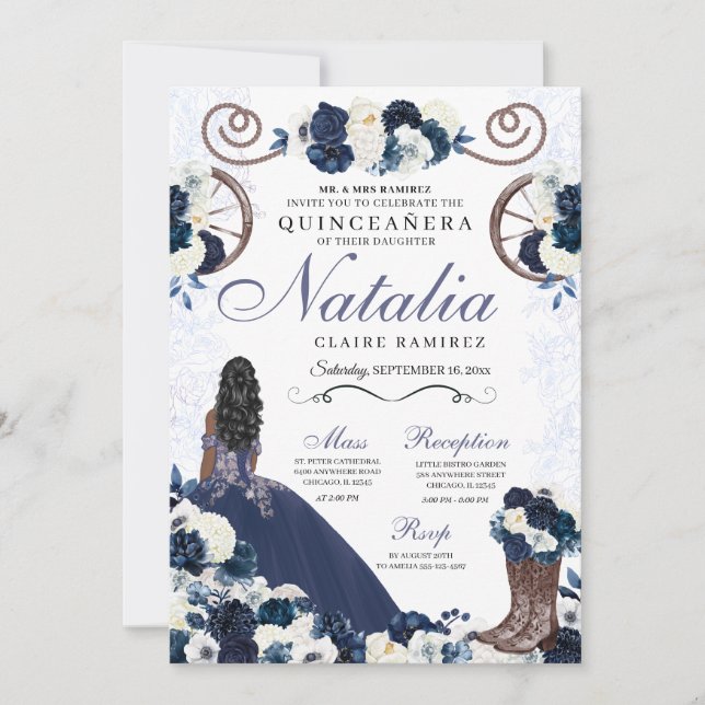 Invitación Navy Blue Ranchero Princess Vestido Quinceanera (Anverso)
