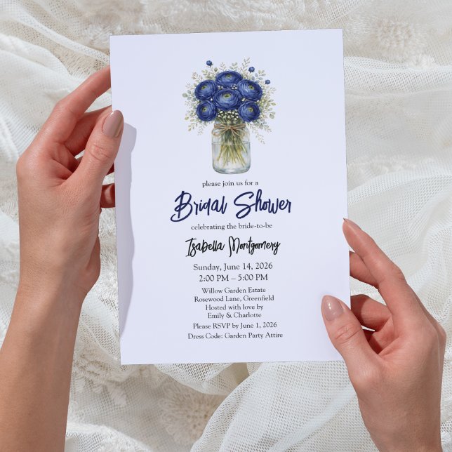 Invitación Navy Blue Ranunculus Mason Jar Bridal Shower (Navy Blue Ranunculus Mason Jar Bridal Shower Invitations
)