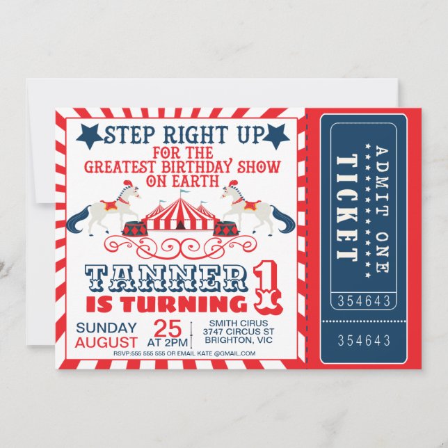 Invitación Navy Blue Red Circus Ticket Circus Tent Birday (Anverso)