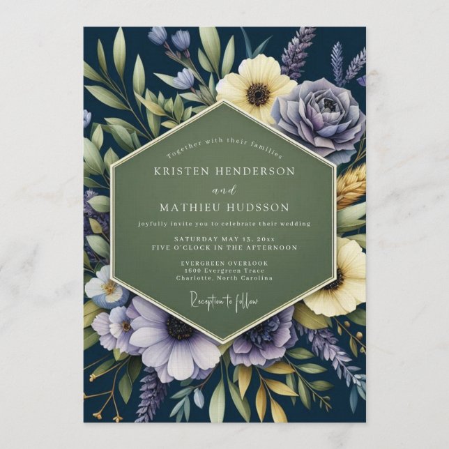Invitación Navy Blue Regal Botanical Wedding (Anverso)