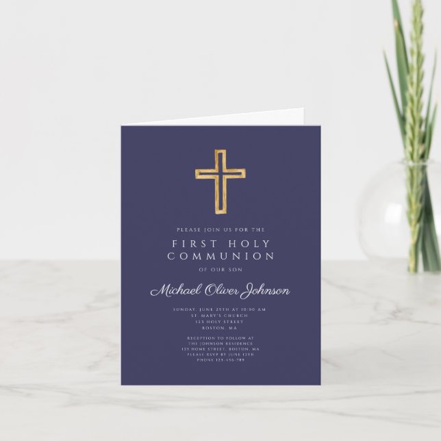 Invitación Navy Blue Religious Cross Boy First Communion (Anverso)