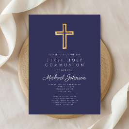 Invitación Navy Blue Religious Cross Boy First Communion