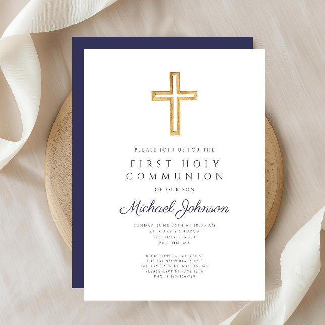 Invitación Navy Blue Religious Cross Boy First Communion (Navy Blue Religious Cross Boy First Communion Invitation)