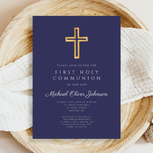 Invitación Navy Blue Religious Cross Boy First Communion