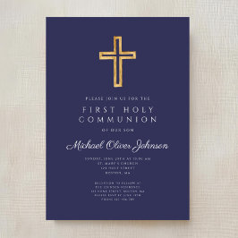 Invitación Navy Blue Religious Cross Boy First Communion