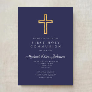 Invitación Navy Blue Religious Cross Boy First Communion