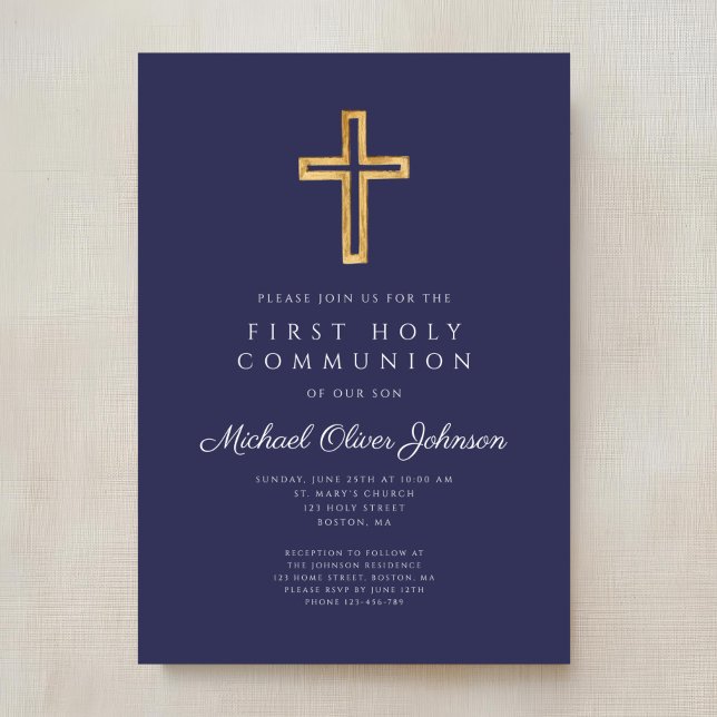 Invitación Navy Blue Religious Cross Boy First Communion (Navy Blue Religious Cross Boy First Communion Invitation)