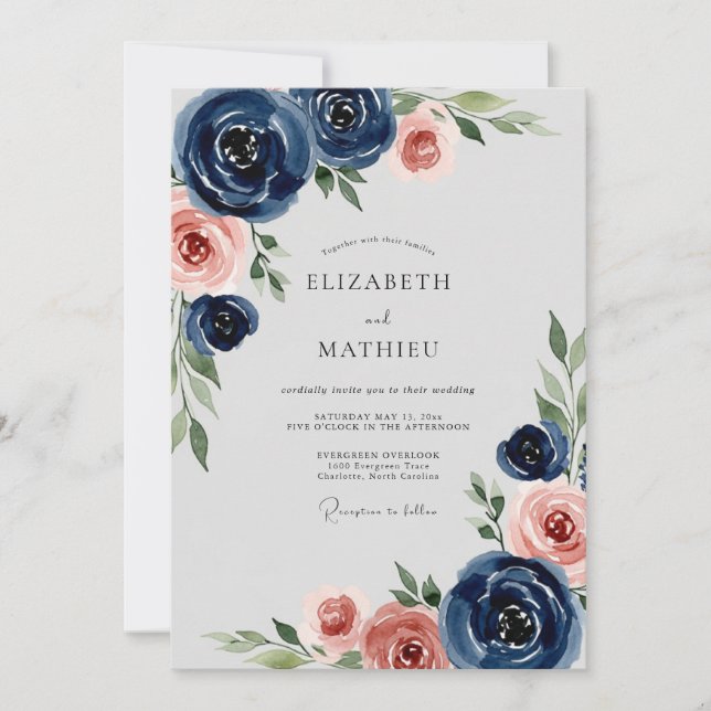 Invitación Navy Blue Romantic Peony Wedding (Anverso)