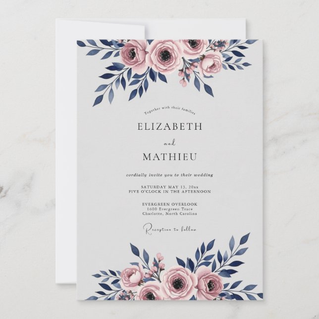 Invitación Navy Blue Romantic Watercolor Wedding (Anverso)
