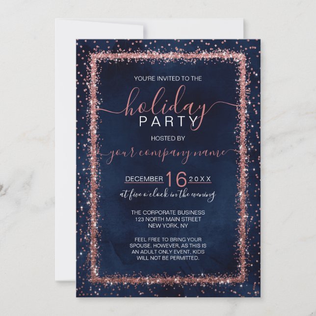 Invitación Navy Blue Rosa Gold Confetti Corporate Holiday (Anverso)