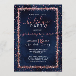 Invitación Navy Blue Rosa Gold Confetti Corporate Holiday