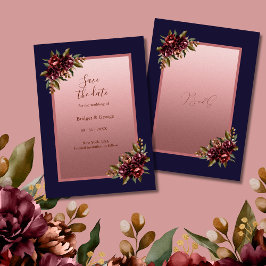 Invitación Navy Blue Rose Gold Floral wedding Save the Date