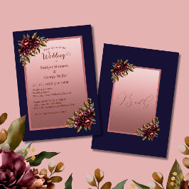 Invitación Navy Blue Rose Gold Script Burgundy floral wedding