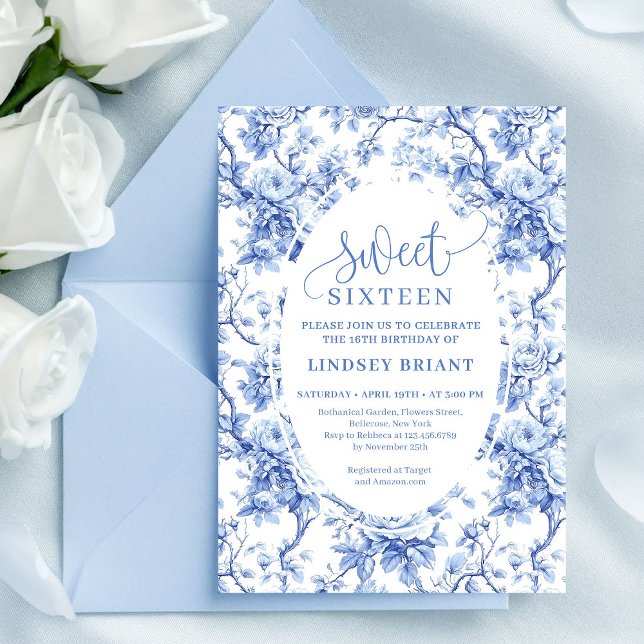 Invitación Navy Blue Roses Digital Floral Sweet Sixteen (Navy Blue Roses Digital Floral Sweet Sixteen)