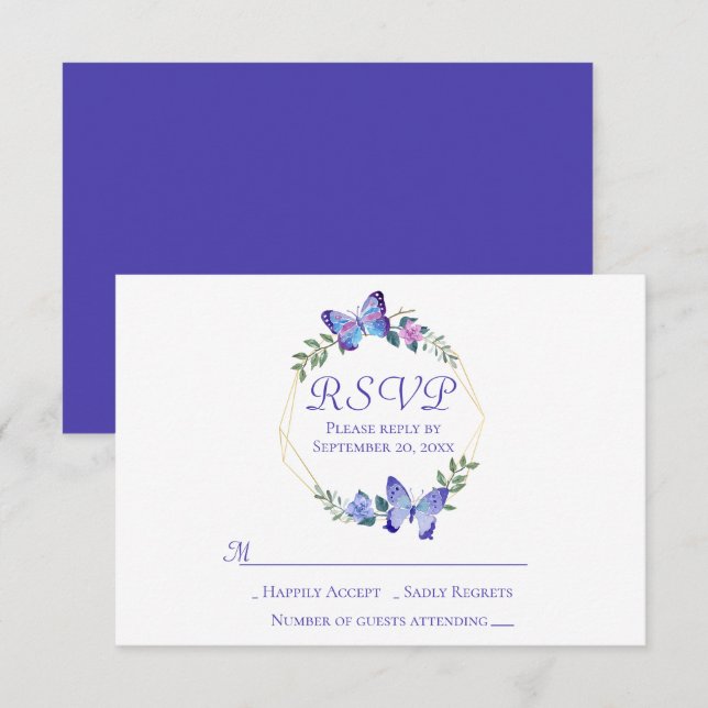 Invitación Navy Blue RSVP Mariposa Floral Wreath Boda (Anverso / Reverso)