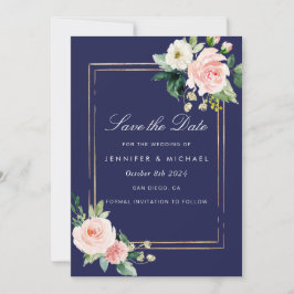 Invitación Navy Blue Rubor Pink Gold Save the Date
