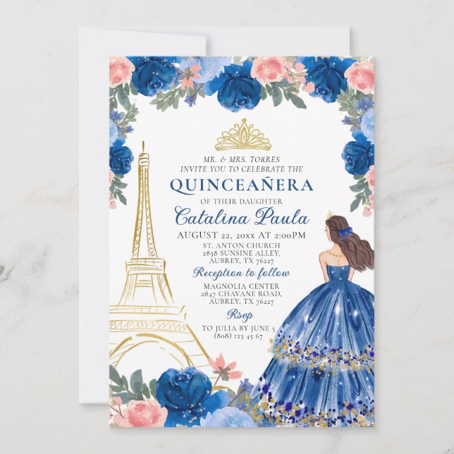 Invitación Navy Blue Rubor Pink Gold Tiara Paris Quinceañera (Anverso)