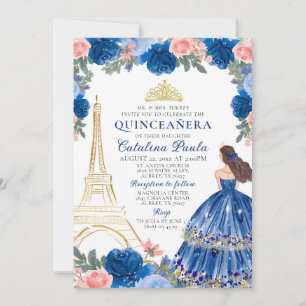 Invitación Navy Blue Rubor Pink Gold Tiara Paris Quinceañera