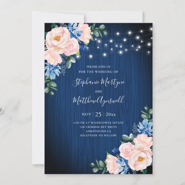 Invitación Navy Blue Rubor Pink String ilumina a Boda floral (Anverso)