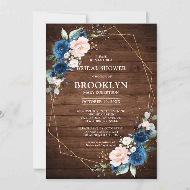 Invitación Navy Blue Rubor Rustic Wood Gold Bridal Shower (Anverso)