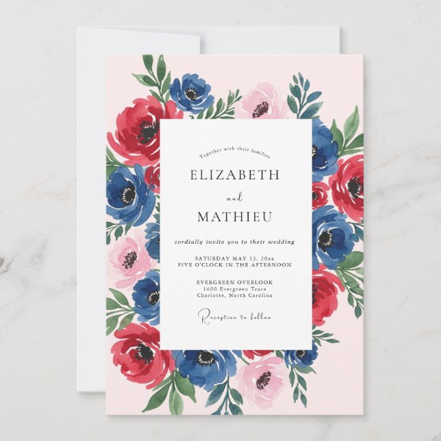 Invitación Navy Blue Ruby Blossoming Spring Wedding (Anverso)