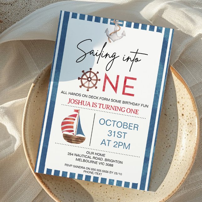 Invitación Navy Blue Sailboat navegando en un primer cumpleañ (Navy Blue and Red Sailing into One First Birthday Invitation Nautical Sailing into One 1st Birthday)