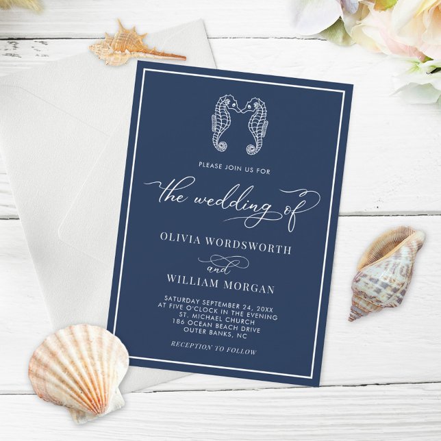 Invitación Navy Blue Seahorse Coastal Beach Script Boda (Subido por el creador)