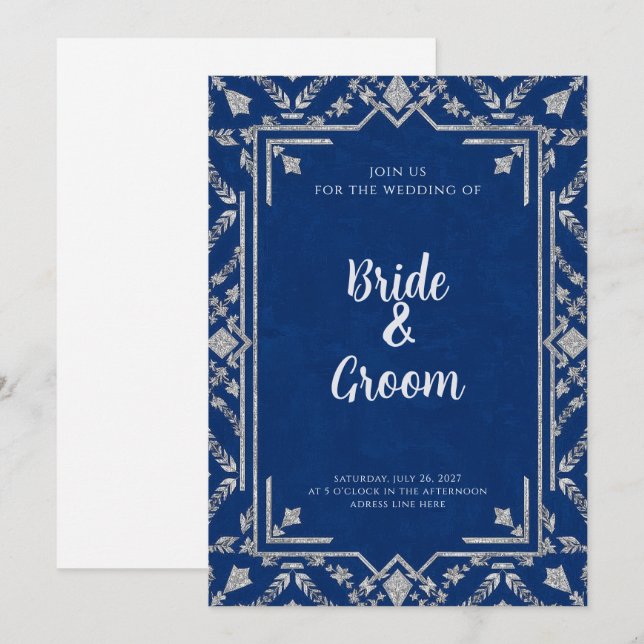 Invitación Navy Blue Silver Botanical Snowflake Winter (Anverso / Reverso)