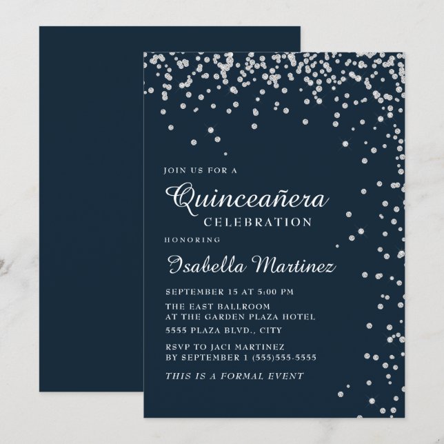 Invitación Navy Blue Silver Diamond Confetti Quinceañera (Anverso / Reverso)