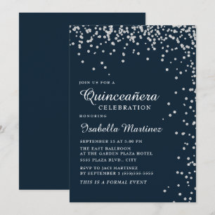 Invitación Navy Blue Silver Diamond Confetti Quinceañera