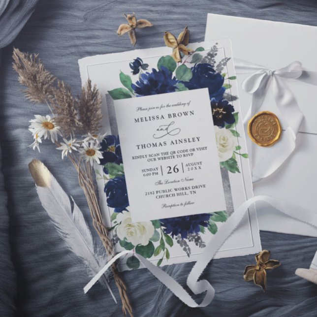 Invitación Navy Blue Silver Elegant Floral QR Code Wedding (Subido por el creador)