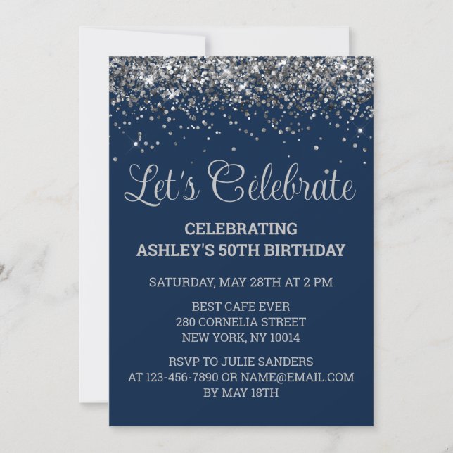 Invitación Navy Blue & Silver Glitter 50th Birthday Party (Anverso)