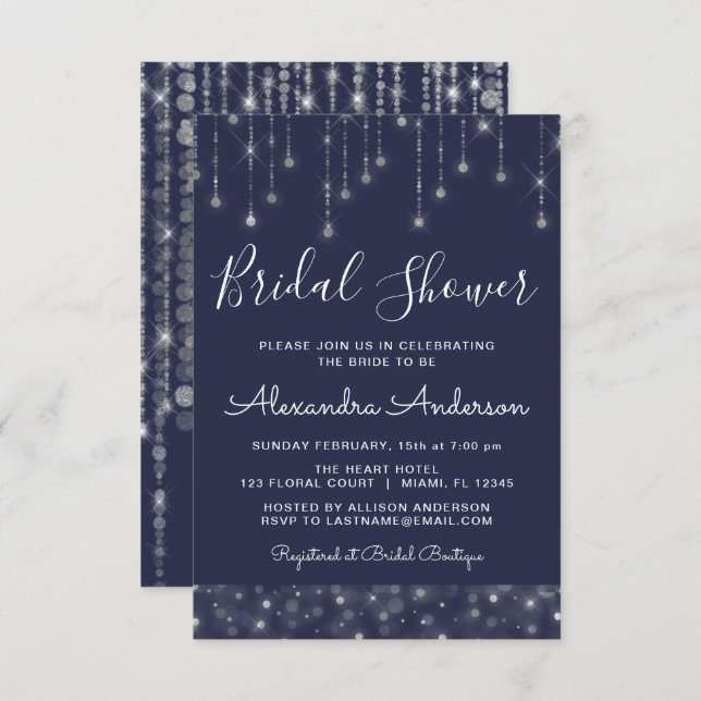 Invitación Navy Blue Silver String ilumina la ducha de novia (Anverso / Reverso)