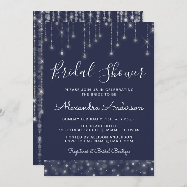 Invitación Navy Blue Silver String ilumina la ducha de novia (Anverso / Reverso)