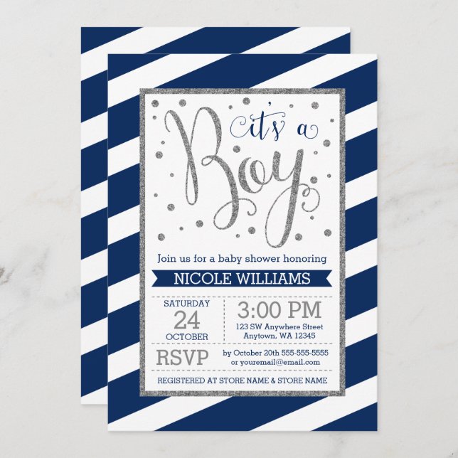 Invitación Navy Blue Silver Stripes Boy Baby Shower (Anverso / Reverso)